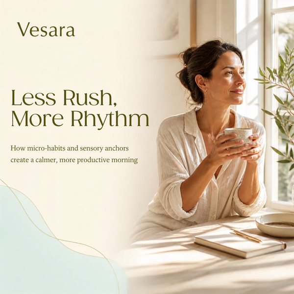 A woman in a white shirt sits by a sunlit window holding a cup, with text on the left reading 'Vesara' and 'Less Rush, More Rhythm.' The scene is styled like a calm interior with a notebook, pen, and plant visible.