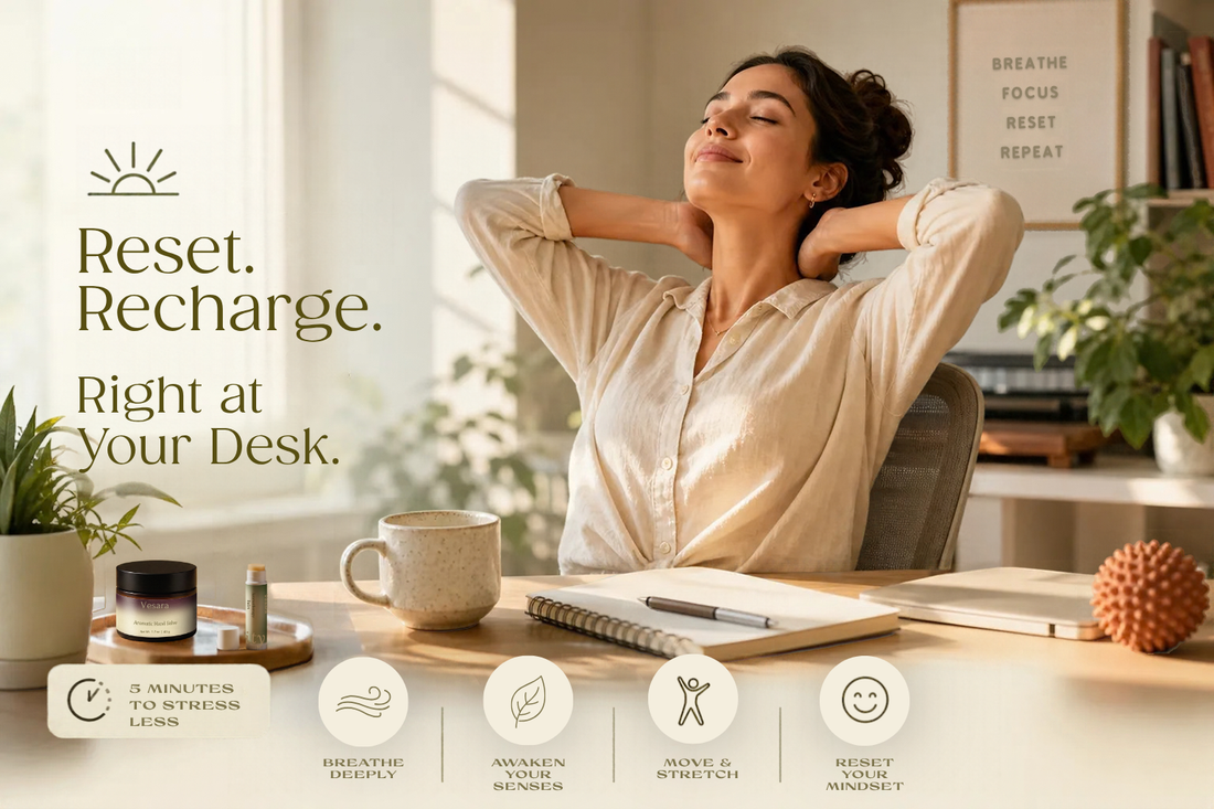 A woman relaxes at her desk, a title reads 'Reset. Recharge. Right at your Desk".