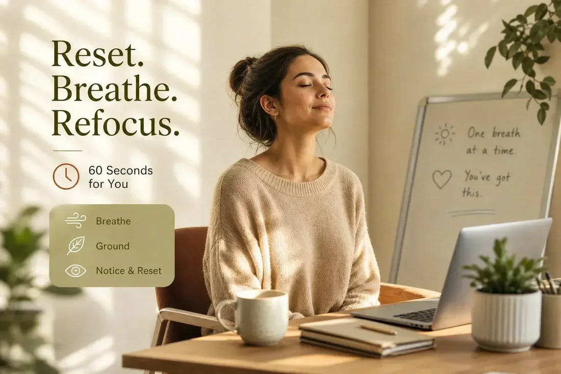 A woman sits at a wooden desk in a bright, sunlit room, taking a guided breathing reset. On-screen text reads 'Reset. Breathe. Refocus. 60 seconds for you. Breathe Ground Notice & Reset"