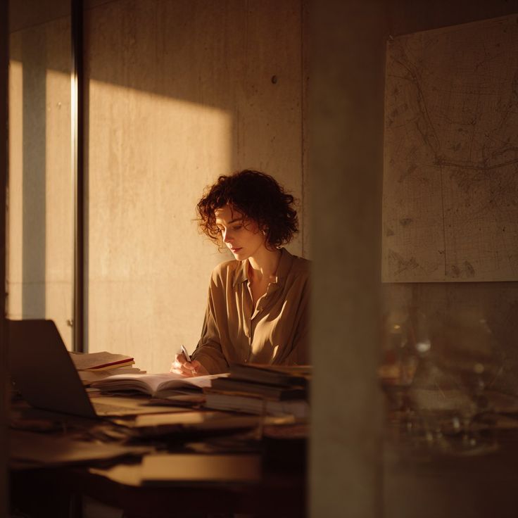 A woman with curly dark hair sits at a desk in a warmly lit room, writing in a notebook with a laptop and books nearby. The scene is bathed in golden sunlight, with a concrete wall and framed map in the background.